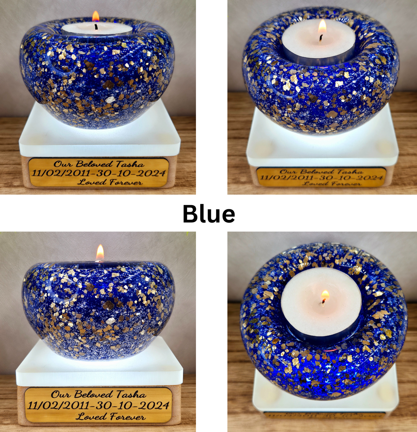 Ashes in glass tealight silver & gold flakes.